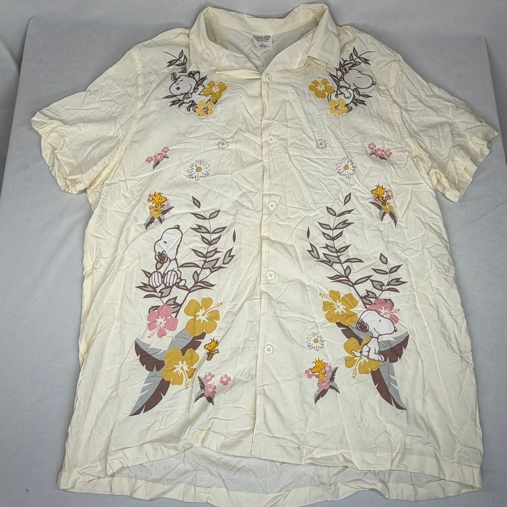 Peanuts Snoopy Hawaiian Shirt Mens Large Cream Embroidered Printed